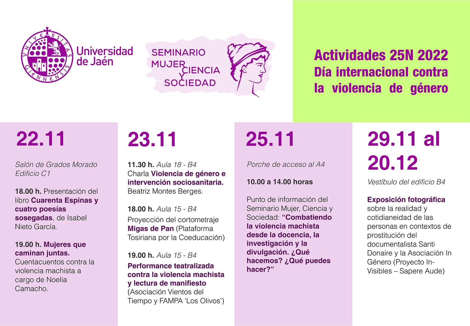 El Seminario Mujer, Ciencia y Sociedad de la UJA programa diversas actividades con motivo del Día Internacional contra la Violencia de Género